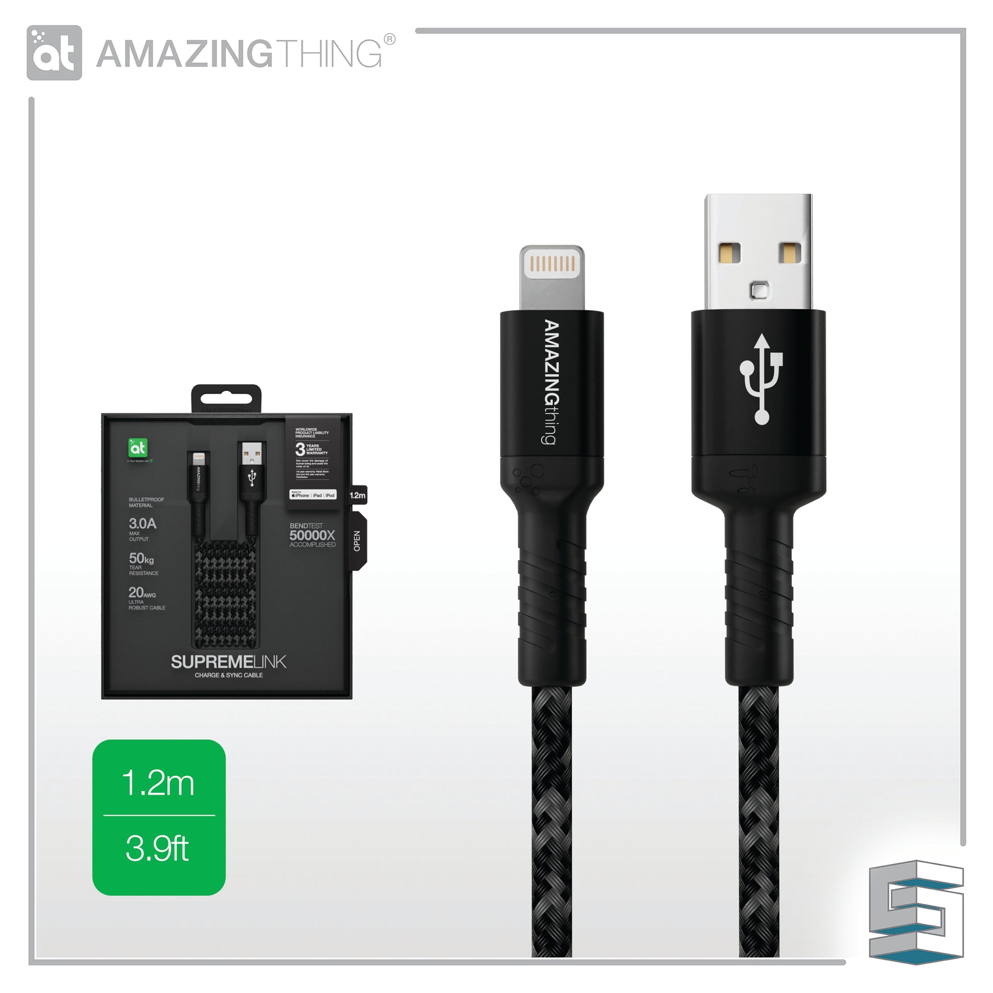 Charge & Sync USB-A to Lightning Cable - AMAZINGTHING Bullet Shield MFI Cable 1.2m Global Synergy Concepts