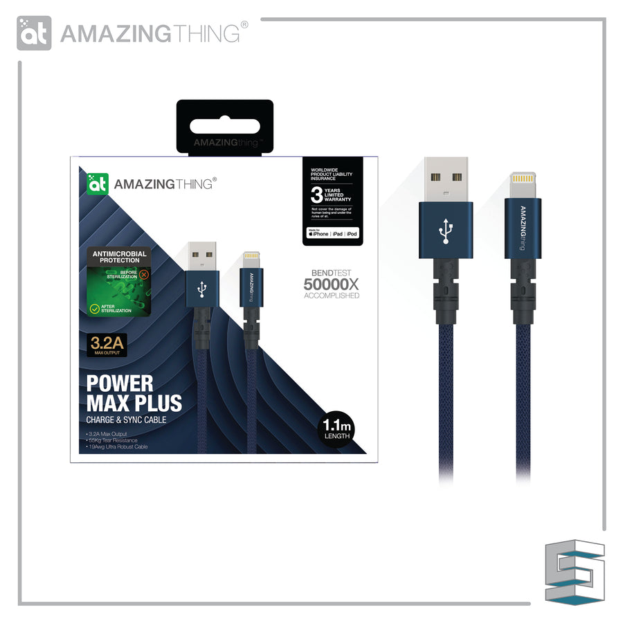 Charge & Sync USB-A to Lightning Cable - AMAZINGTHING Power Max Plus MFI 1.1m (antimicrobial) Global Synergy Concepts