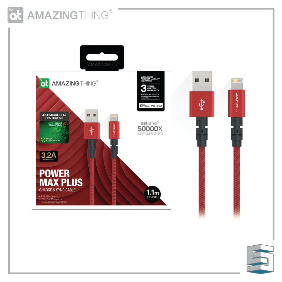 Charge & Sync USB-A to Lightning Cable - AMAZINGTHING Power Max Plus MFI 1.1m (antimicrobial) Global Synergy Concepts